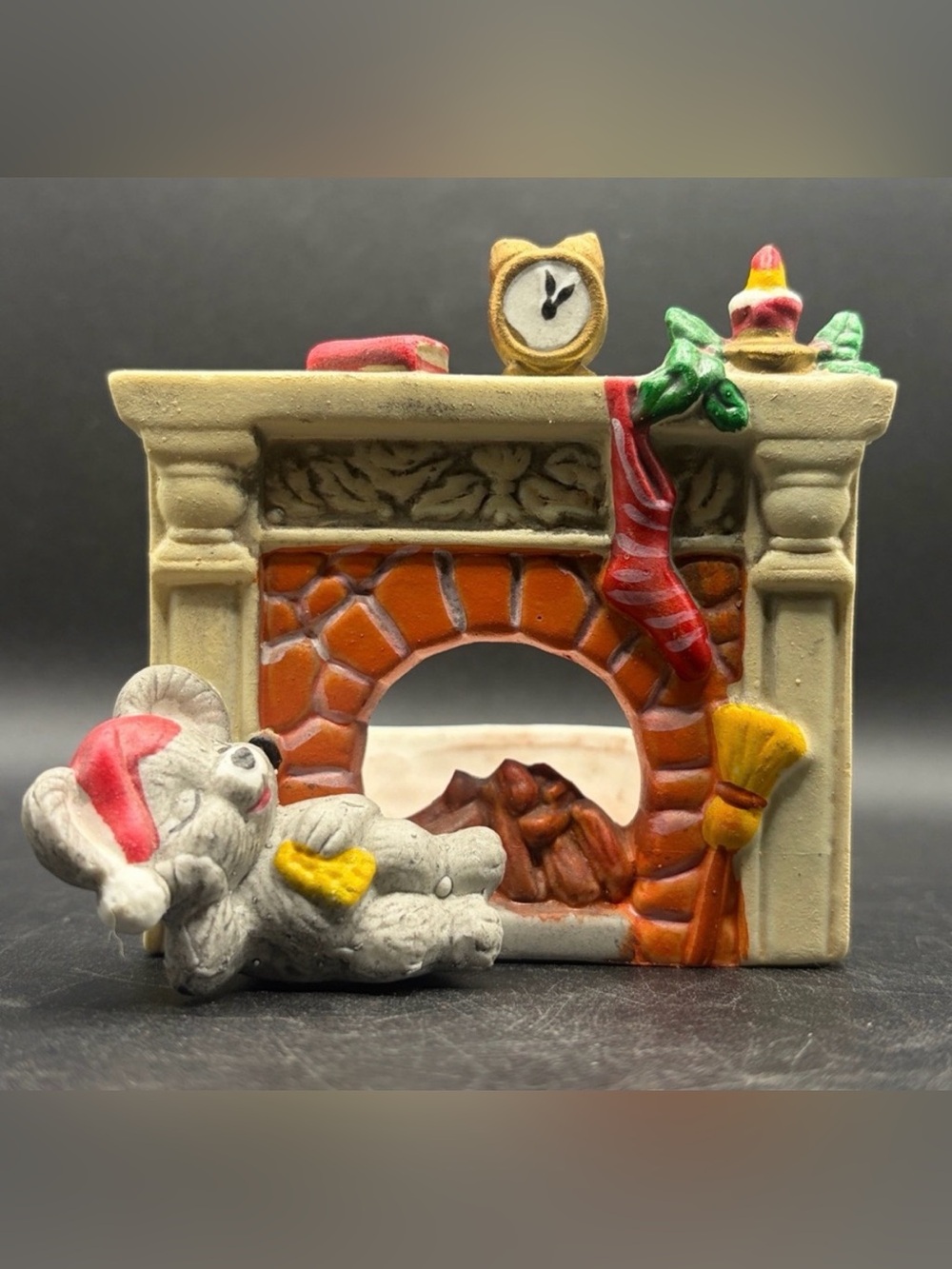 Vintage Hand Painted Ceramic Holiday Mouse Fireplace Candle Holder, Christmas